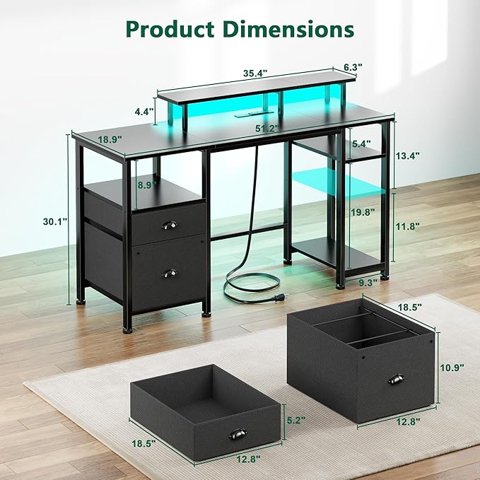 Furologee 51" Gaming Desk with Power Outlets & LED Lights, Reversible Computer Desk with File Cabinet & Monitor Stand for Home Office, Large Work Table with Storage Shelves & Drawer, Black-DeskLoop Office