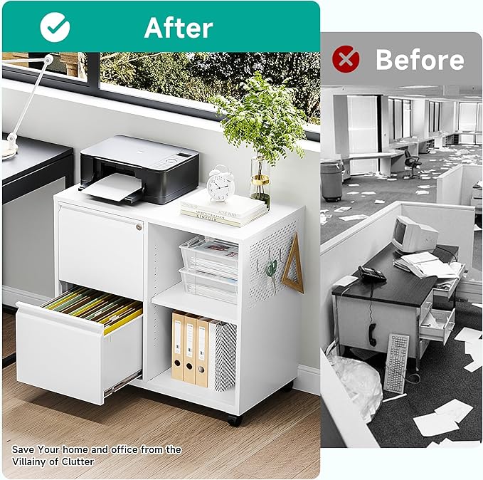 SISESOL 2 Drawer File Cabinet with Lock and Shelf,Mobile Lateral Filing Cabinet,Metal File Organizer Cabinet with Open Storage Shelves for Home Office Fit Legal/Letter A4 Size-DeskLoop Office