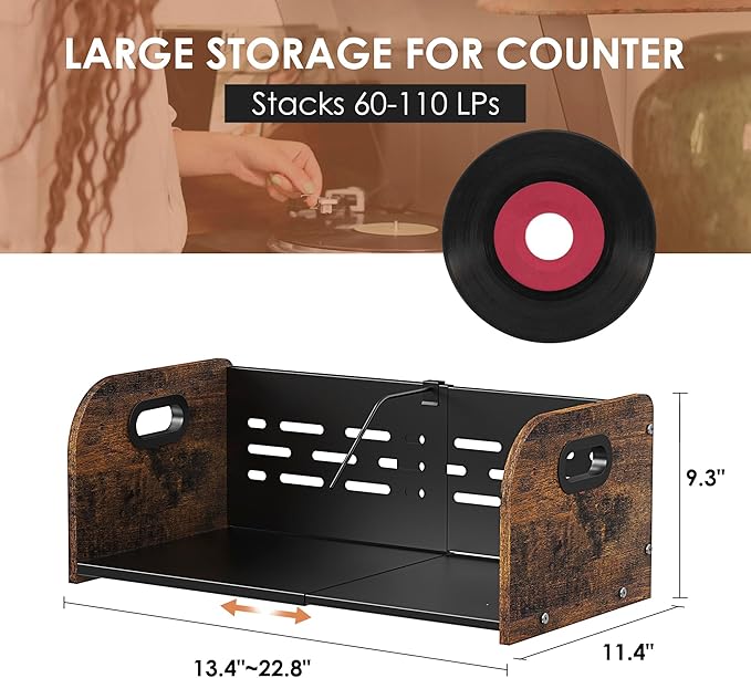 Vinyl Record Storage Holder, Expandable Record Holder Rack With Movable Divider, 110 LP Album Display Shelf Stand, Magazine Holder (Rustic Brown)-DeskLoop Office
