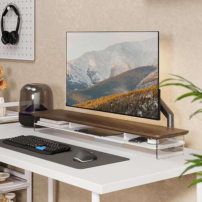 Fenge Acrylic Monitor Stand Riser, 42.5 Inches Dual Monitor Stand with Metal Storage, 2 Tier Acrylic Computer Riser for Desk, Clear Laptop Stand for PC, Laptop, Printer, TV, Brown-DeskLoop Office