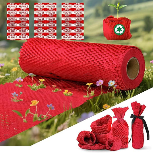 Honeycomb Packing Paper, 12"x150' Red | Perforated Honeycomb Packing Paper Recyclable Moving Supplies for Shipping & Moving | Plastic-Free Alternative to Bubble Cushion Wrap with 36 Fragile Stickers-DeskLoop Office