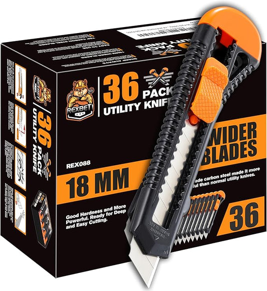 REXBETI 36 Pack Utility Knife, Retractable Box Cutter for Cartons, Cardboard and Boxes, 18mm Wider Razor Sharp Blade, Smooth Mechanism, Perfect for Office and Home use (36 Pack)-DeskLoop Office