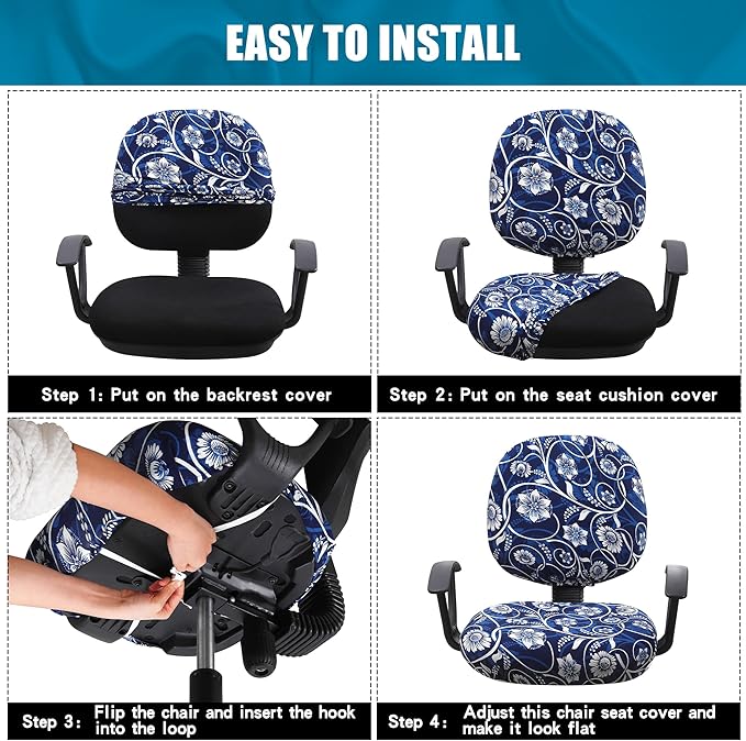 Smiry Stretch Printed Office Computer Chair Covers, Universal Washable Removable Desk Rotating Chair Slipcovers Protector, Seat + Backrest Cover - Navy Blue-DeskLoop Office