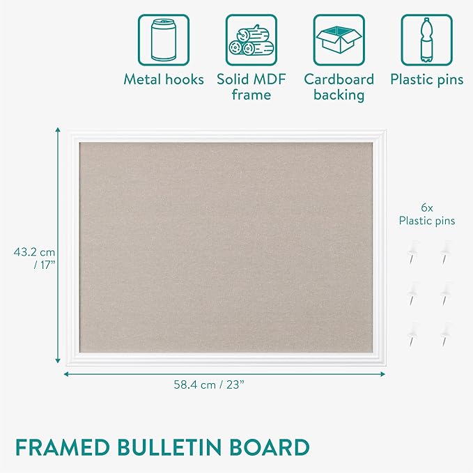 Navaris Framed Linen Bulletin Board - Approx. 58 x 43cm Fabric Jewelry Organizer Pinboard for Wall Memory Memo Pin Board - Natural Linen with White Frame-DeskLoop Office