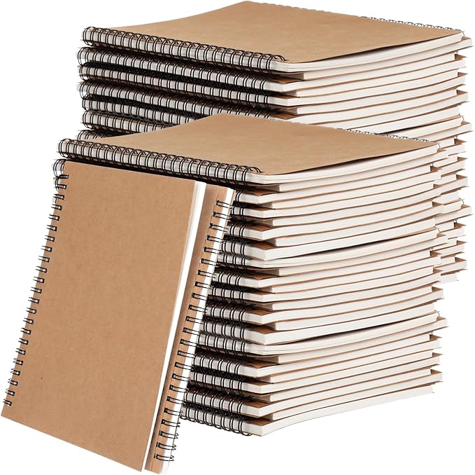 Lnrueg 48 Pcs A5 Spiral Notebooks - Brown Kraft Paper Cover Notebooks, Hardcover Lined Notebooks, Sturdy Travel Journals with Smooth 70GSM Paper for School, Office, Travel, 100 Pages-DeskLoop Office