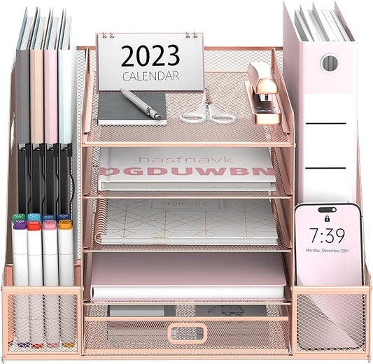 SUPEASY Mesh Desk Organizer with File Holder, 5-Tier Paper Letter Tray Organizer with Magazine Holder, Desktop Organizer and Storage with Drawer for Office Supplies Home or School, Rose Gold-DeskLoop Office