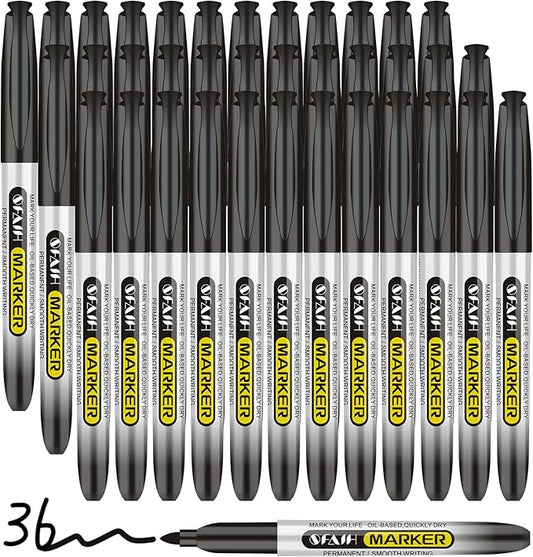 SFAIH Black Permanent Markers Bulk - 36 Pack, 1s Quick Dry, Non-Fading, Fine Point Permanent Pens for Plastic Glass Metal Wood Paper Stone, Office Classroom Kitchen, Doodling, Marking, Waterproof-DeskLoop Office