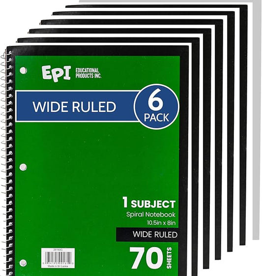 EPI Spiral Notebook | Wide - 70 Sheets, Durable Spiral Binding | 10.5 x 8 in | Classroom Supplies | School, Office, Note Taking, Journaling - 6 Pack-DeskLoop Office