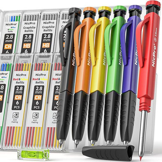 Nicpro 6 Pack Upgraded 3-IN-1 Carpenter Pencil Set with Finger Grip, Construction Pencils with 54 Refill & Mini Spirit Level, Deep Hole Carpenter Tool, Mechanical Carpenter Pencil for Woodworking-DeskLoop Office