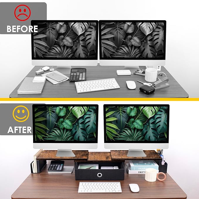 Dual Monitor Stand Riser With Drawer, Office Desk Organizers And Accessories, Computer Monitor Riser For 2 Monitors For Desk, Monitor Shelf With Adjustable Length & Angle-DeskLoop Office
