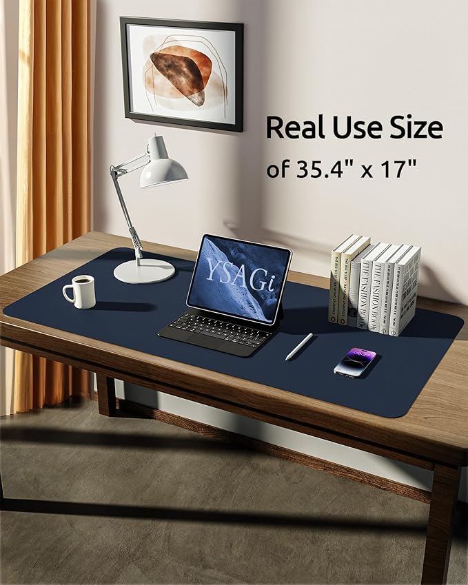 YSAGi Leather Desk Protector, Office Mat, Large Mouse Mat, Non-Slip PU Leather Blotter, Laptop Pad, Waterproof Writing Pad for Office and Home (Dark Blue, 35.4" x 17")-DeskLoop Office