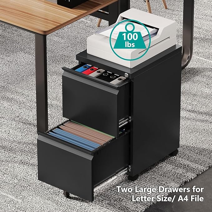 2 Drawer Metal File Cabinet with Lock, Rolling File Cabinets with Lock for A4/Legal/Letter Size, Under Desk Filing Cabinet for Home Office Assembly Required(Black)-DeskLoop Office