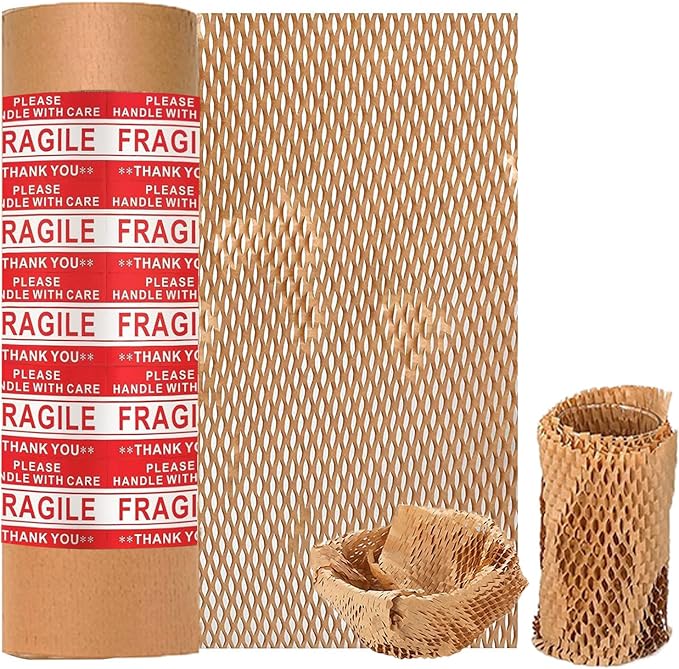Honeycomb Packing Paper Wrap 15"x400' Sustainable Alternative to Bubble Cushioning Wrap Packing paper for Moving/shipping/packing Roll with 20 Fragile Sticker Biodegradable & Fully Recylable-DeskLoop Office