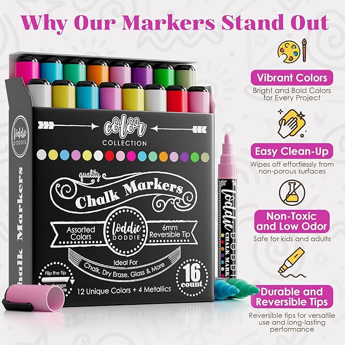 Loddie Doddie Chalk Markers - Pack of 16, 6mm Reversible Bullet & Chisel Tips - Non-Toxic Dust-Free Erasable Liquid Chalk Ink - Dry Erase Markers for Glass, Windows & Whiteboards-DeskLoop Office