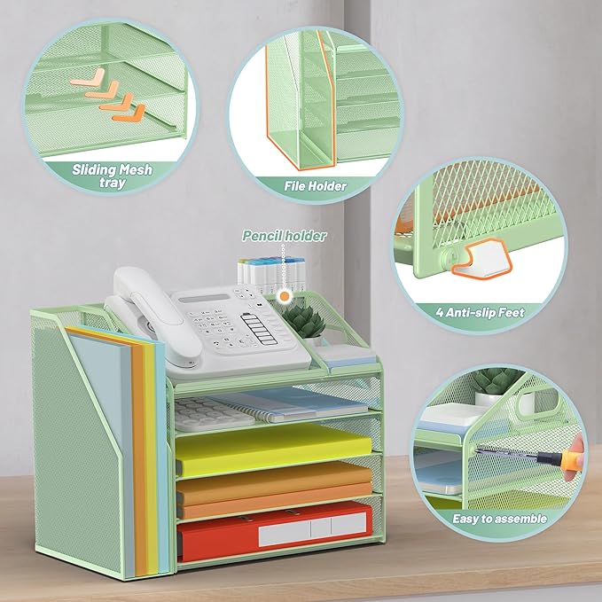 DocNest 5 Tier Paper Letter Tray File Organizer, Mesh Desk File with Handle, Workspace Desk Organizers with Pen Holder, Office Organization Storage Accessories - Green-DeskLoop Office