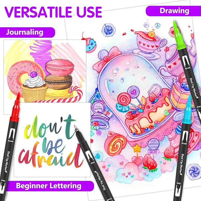 Brush Pens, 105 Colors Dual Tip Markers for Adult Coloring Books, Note Taking and Lettering-DeskLoop Office
