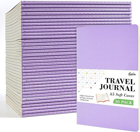 feela 36 Pack Soft Cover Journal Bulk, Lined Blank Travel Journal for Women Men Writing, Notebooks College Ruled for Work, Note Taking Notebook School Business Supplies, 8.2” x 5.5”, A5, Light Purple-DeskLoop Office