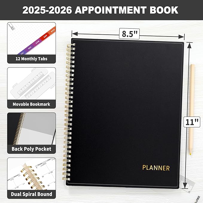 SUNEE 2025-2026 Appointment Book, Quarter-Hourly, Weekly & Monthly - from July 2025 to June 2026, 8.5"x11" Academic Planner, Flexible Cover, Note Pages, Bookmark, Spiral Binding, Black-DeskLoop Office
