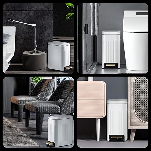 Small Bathroom Trash Can with Lid Soft Close-6L/1.6 Gal Slim Step Garbage Can-Metal Pedal Wastebasket-Narrow Rectangle Garbage Container Bin for Corner Office, Bedroom, Toilet, Live Room-White-DeskLoop Office