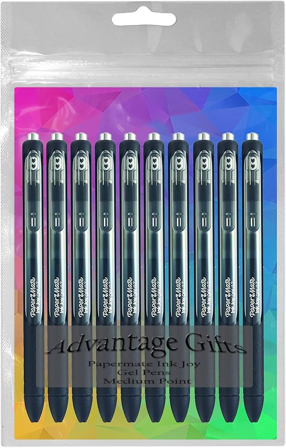 Paper Mate InkJoy Gel Pens, Black Ink, Medium Point (0.7mm), 10 Count, Bundle with Plastic Reusable Pouch-DeskLoop Office