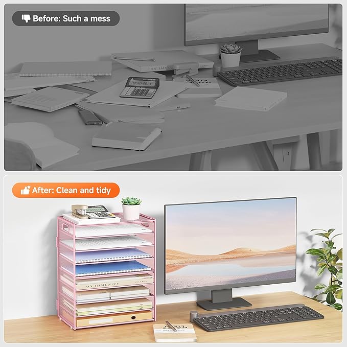 Subekyu 9 Tier Paper Letter File Tray Organizer for Desk, Pink Large Mesh Desk Folder Sorter Organizer with Handle, Include 6 Pcs Adjustable Height Slid Tray for Office Home School Supplies Storage-DeskLoop Office