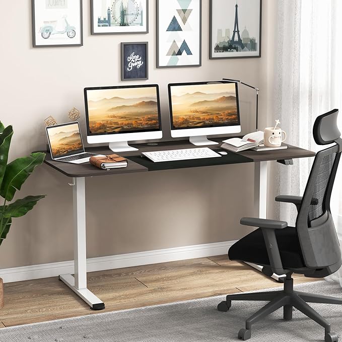 GOFLAME Height Adjustable Electric Standing Desk, 55 x 28 Inch Sit Stand Up Electric Desk with Headphone Hook, Ergonomic Standing Workstation, Electric Standing Desk with Metal Frame, Dark Grey-DeskLoop Office