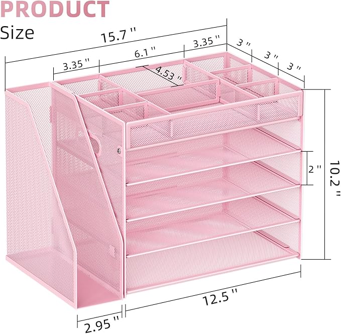 Marbrasse 5-Tier Desk Organizer with File Holder,Paper Letter Tray Organizer,Desktop File Organizer with Adjustable Compartments,Mesh Desk Organizers and Accessories for Office Supplies,Pink-DeskLoop Office