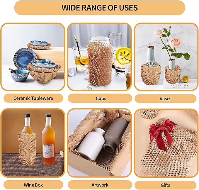 Honeycomb Packing Paper, HONSREO 15 Inches x 230 Feet Eco Friendly Recyclable Cushioning Material, Bubble Wrap for Moving Shipping Breakable Supplies with 20 Fragile Sticker Lables (Black)-DeskLoop Office