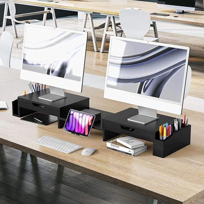 Simple Houseware Desk Dual Monitor Stand Riser with Pull-Out Drawers, Black-DeskLoop Office