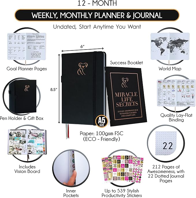 Life Planner - Gratitude Journal for Men & Women | Daily, Weekly & Monthly Planner with Budget Section, Time Blocking, Habit Tracker for Peace of Mind Planning to Increase Productivity & Happiness-DeskLoop Office