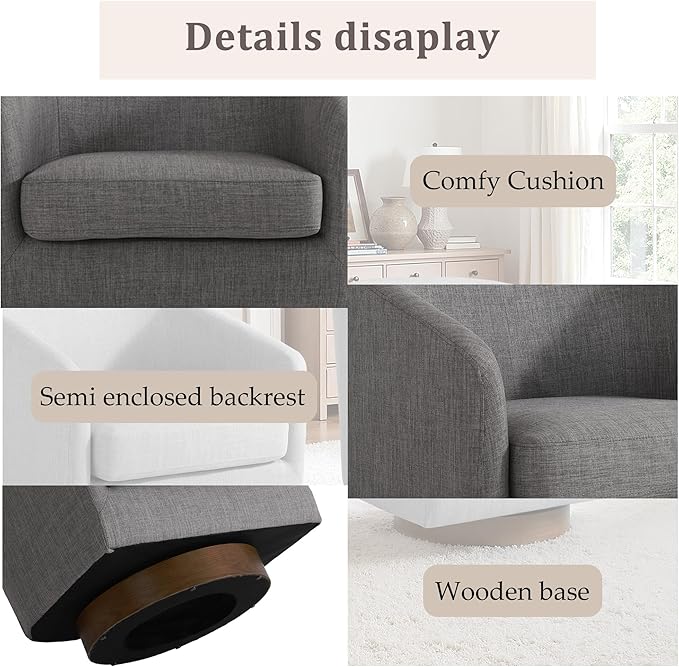 UIXE Swivel Accent Chair with Wood Base, Fabric Upholstered Barrel Chairs for Living Room, Comfy Round Armchair Single Sofa Bedroom Reading Seat - 31" W, Gray-DeskLoop Office