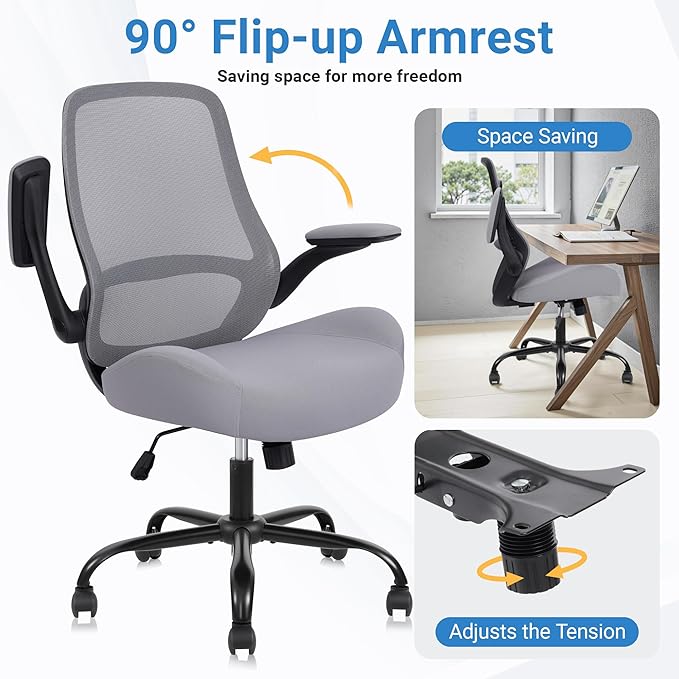 HYLONE Heavy Duty Office Chair, 5" Thickened Seat Ergonomic Desk Chair with Adjustable Armrests, Home Office Computer Chairs for Long Hours Mesh Executive Chair(Dark Grey)-DeskLoop Office