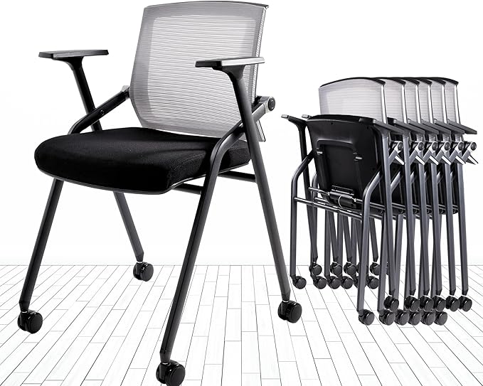 Conference Room Chairs, Folding Office Desk Chair with Lumbar Support and Sliding Armrest, Stackable Office Guest Chairs & Reception Chairs 20 Pack with Wheels-DeskLoop Office