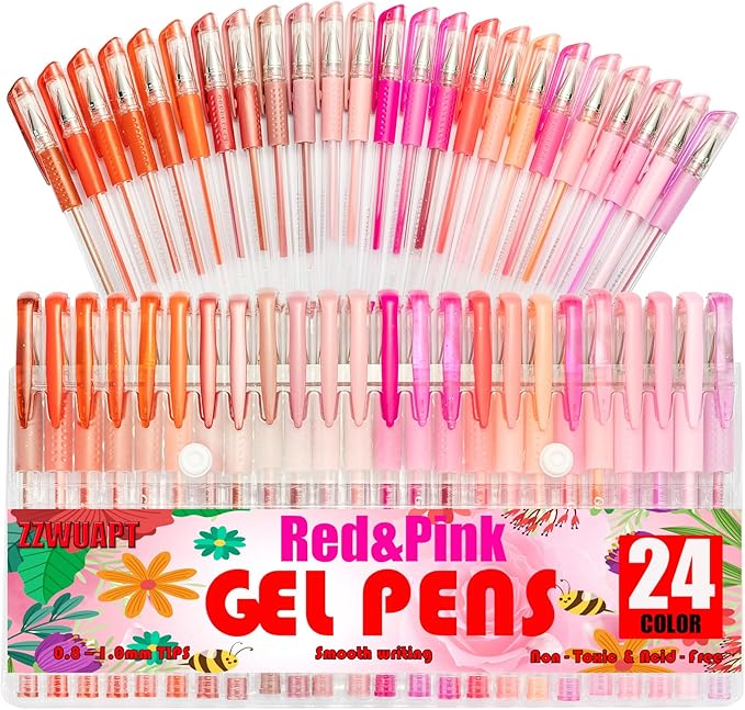 Red Pink Gel Pens for Coloring Book,72 Color Gel Pens Set including 24 Color Gel Pen with 48 Refills,40% More Ink Colored Gel Pens for Drawing, Doodling, Scrapbook, Journaling-DeskLoop Office