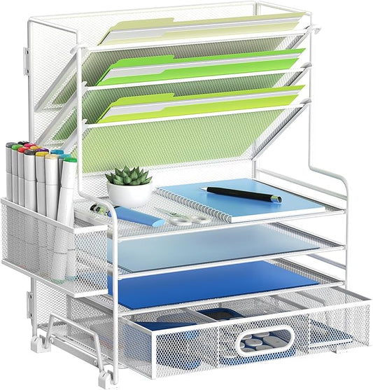 4-Tier Paper Organizer + 3-Pocket File Holder + Drawer + Pen Holders, Desktop File Organizers Paper Tray for Office Supplies School Classroom Organization (White, with Drawer & Pen Holder)-DeskLoop Office