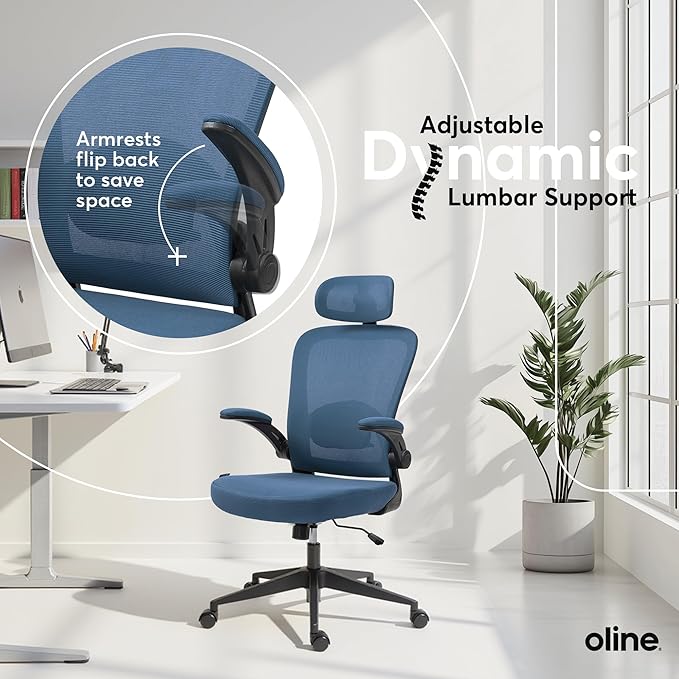 Oline ErgoAir Ergonomic Office Chair – Adjustable Lumbar Support, Flip-Up Armrests, Mesh Computer Desk Chair, Swivel Rolling Executive Gaming Chair for Home & Office (Navy Blue)-DeskLoop Office