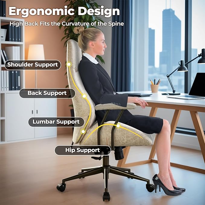 ovios Ergonomic Home Office Chair, Mid-Century Modern Faux Leather Chairs with Padded Armrests, Comfy High Back Swivel Rolling Executive Computer Armchair (Beige, Suede Leather)-DeskLoop Office