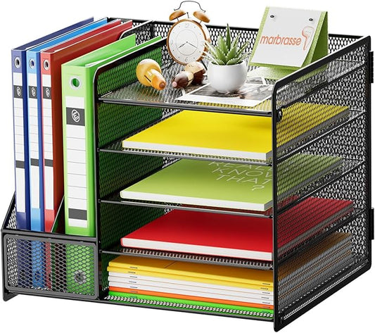 Marbrasse Desk Organizer with File Holder, 5-Tier Paper Letter Tray Organizer, Mesh Desk Organizers and Accessories with Magazine Holder, Desktop Storage for Office Supplies (Black)-DeskLoop Office