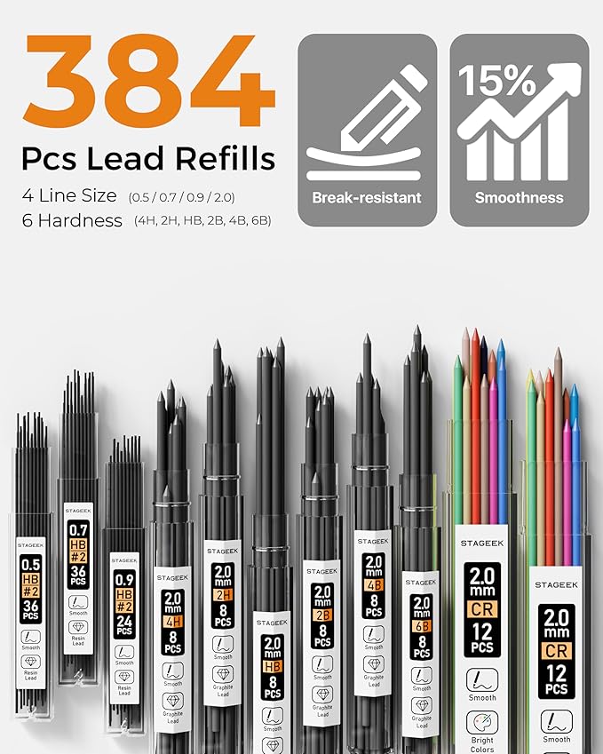 34PCS Art Mechanical Pencil Set, Drafting Pencil 0.5, 0.7, 0.9MM & 3PCS 2.0MM Mechanical Drawing Pencils with 384PCS Leads (6B 4B 2B HB 2H 4H Color) for Artist Sketching Drawing-DeskLoop Office