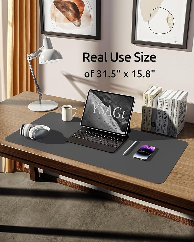 YSAGi Leather Desk Protector, Office Mat, Large Mouse Mat, Non-Slip PU Leather Blotter, Laptop Pad, Waterproof Writing Pad for Office and Home (Dark Grey, 31.5" x 15.8")-DeskLoop Office