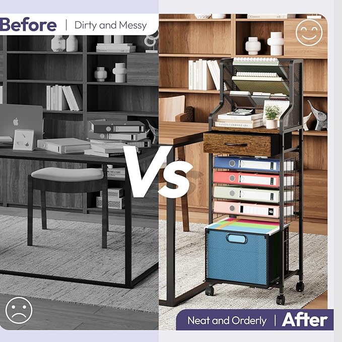 SWTYMIKI 10-Tier Rolling File Cart - Mesh Paper Organizer with Drawer and Hanging File Folders on Lockable Wheels, Wood Teacher Cart for Office Organization, Storage in Home, Studio, School, Espresso-DeskLoop Office