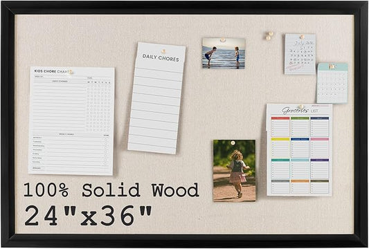 Bulletin Board Cork Board with Linen, 100% Wood Framed 24" x 36" Bulletin Board Decorations, Pin Boards for Walls, Wall Mounted Fabric Picture Board with 10 Pushpins for School, Home & Office, Black-DeskLoop Office
