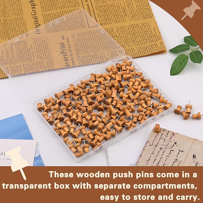 150 Pcs Push Pins for Cork Board, Decorative Thumb Tacks Wooden Push Pins Head Pin Wood Map Tacks Marking Pin, Wood Thumb Tacks Decorative for Bulletin Boards Craft Projects with Storage Box, Coffee-DeskLoop Office
