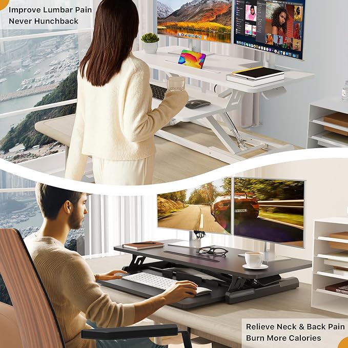 JOY worker Standing Desk Converter, 35" Wide Height Adjustable Sit Stand Up Desk Riser with Keyboard Tray, Desktop Workstation Riser for Home Office Computer Laptop, Particle Board, White-DeskLoop Office