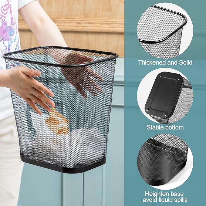 6 Pieces Mesh Square Trash Cans 4 Gallons Wire Wastebasket for Home Black Metal Office Garbage Cans Rectangular Open Top Trash Bin for Kitchen Bathroom Bedroom Dorm Room, 11.7 x 8.5 x 11.8 Inch-DeskLoop Office