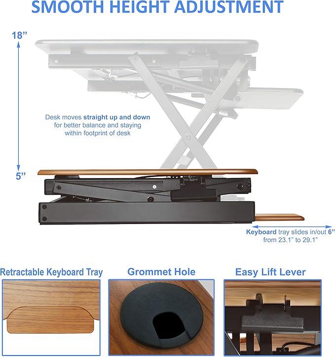 Rocelco 32" Height Adjustable Standing Desk Converter - Sit Stand Computer Workstation Riser - Dual Monitor Retractable Keyboard Tray Gas Spring Assist - Teak Wood Grain (R EADRT)-DeskLoop Office