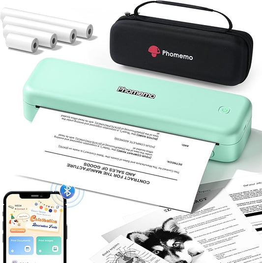 Phomemo Portable Printers Wireless for Travel,M834 Bluetooth Thermal Printer 8.5" x 11"& A4 Size,Inkless Mobile Printer with Carry Case for Travel,Office,School,Car,Home,Green-DeskLoop Office