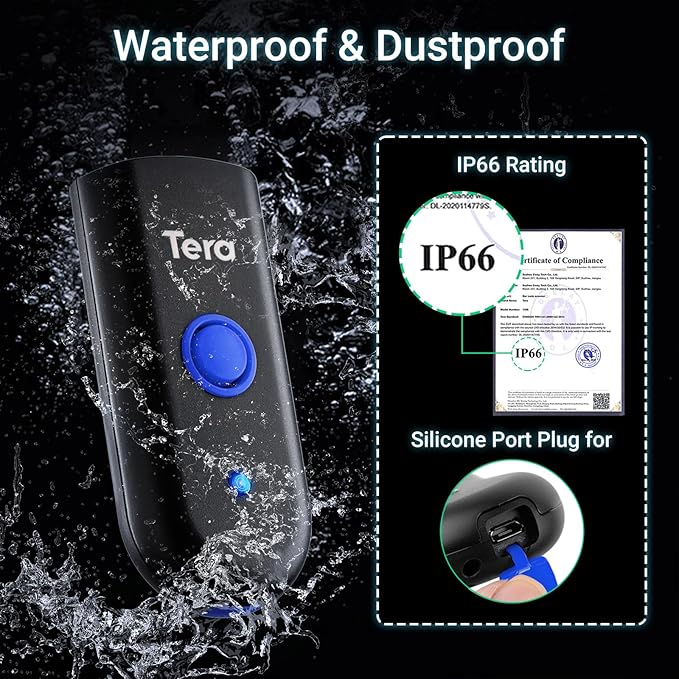 Tera Mini 1D Barcode Scanner: Pocket Waterproof Wireless Laser Scanner 3 in 1 Compatible with Bluetooth USB Wired Portable Bar Code Reader for Supermarket Logistics Work with iOS Windows Android 1100L-DeskLoop Office