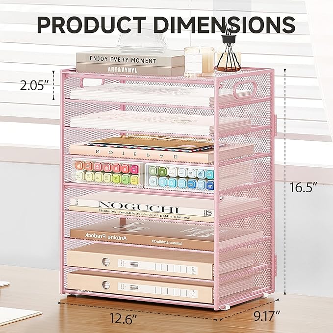 Subekyu 9 Tier Paper Letter File Tray Organizer for Desk, Pink Large Mesh Desk Folder Sorter Organizer with Handle, Include 6 Pcs Adjustable Height Slid Tray for Office Home School Supplies Storage-DeskLoop Office