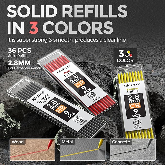 Nicpro CP3000 Carpenter Pencil with Sharpener, 2 Pack Mechanical Pencils Set with 38 Refills, Deep Hole Marker for Construction, Heavy Duty Carpenter Tools for Architect Marking (Black, Red)-DeskLoop Office